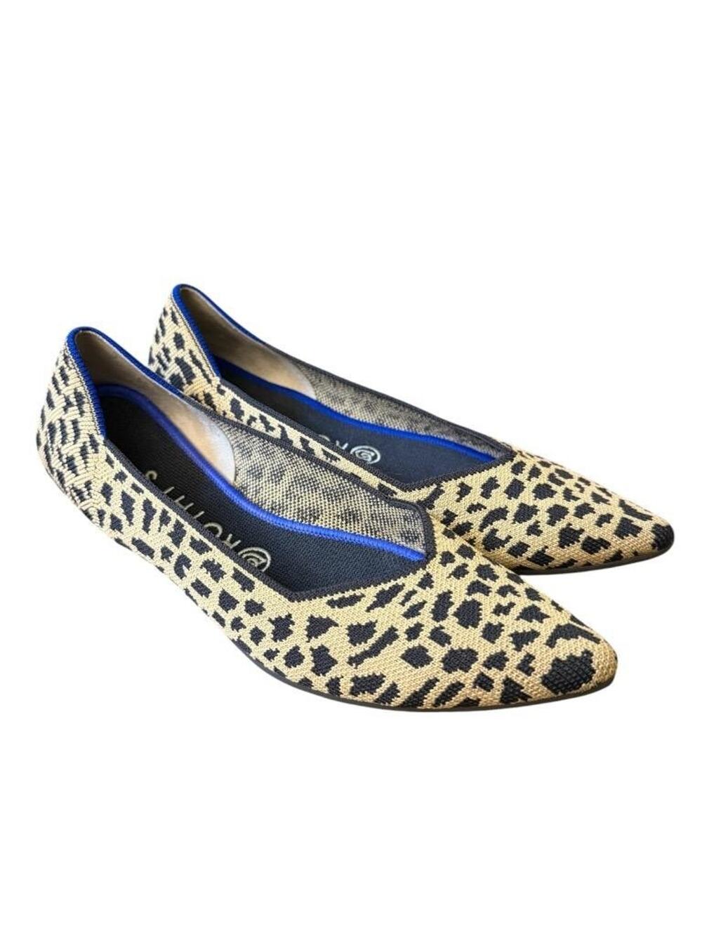 Rothy's Leopard Print Pointed Toe Flats in Tan and Black with Blue Trim